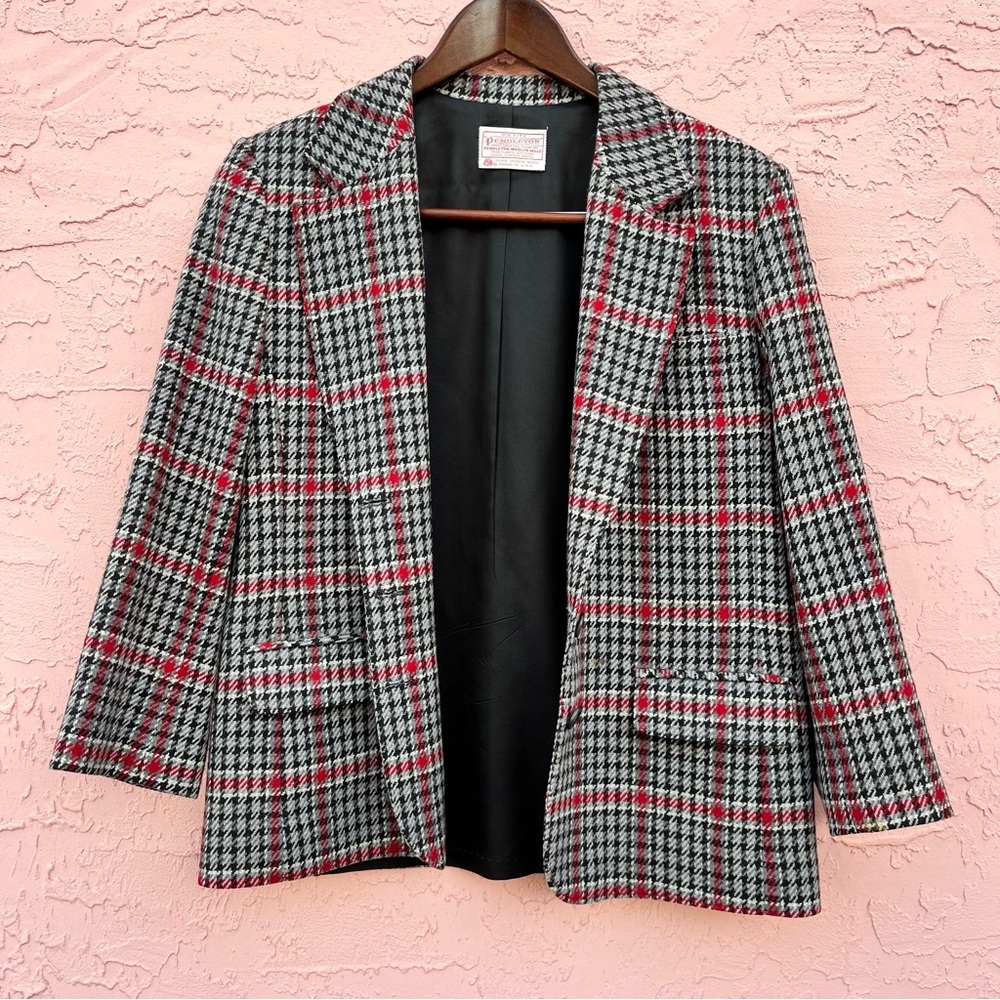 Vintage Pendleton Wool Blazer Plaid Tweed Red Gray Black Petite Womens Size 12